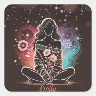 Serene Woman in a Cosmic Floral Dream Square Sticker