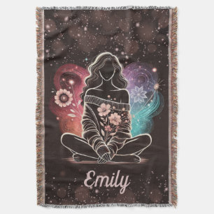 Serene Woman in a Cosmic Floral Dream Throw Blanket