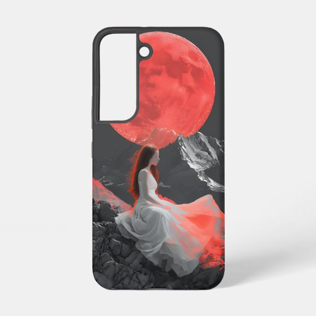 Serene Woman on Cliff under Red Moon Digital Art Samsung Galaxy S22 Case (Back)