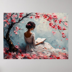 Serene Woman Reading Under Cherry Blossoms Poster