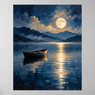 Serene Wooden Rowboat Moon Reflection Poster