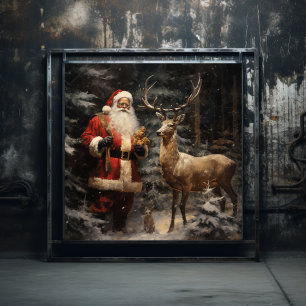 Serene Woodland Black Santa & Deer Poster