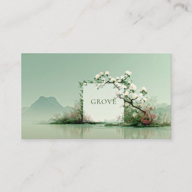 Serene Zen Garden White Rose Floral Frame Mountain Business Card (Front)
