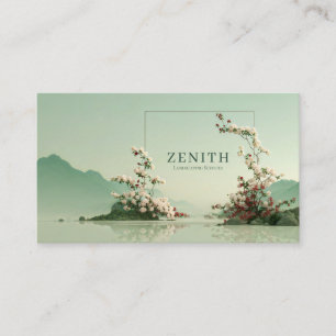 Serene Zen Mountain Lake White Floral Branches Business Card