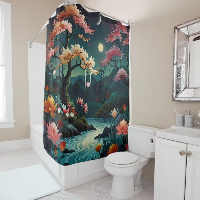 Serenity at Sunset: Traditional Chinese Garden Art Shower Curtain (In Situ)