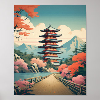 Serenity at the Pagoda. Vintage Japanese poster