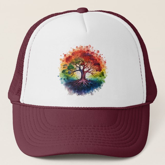 Serenity Blossoms: Watercolor Tree of Life Art Trucker Hat (Front)