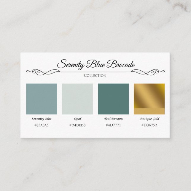 Serenity Blue Brocade Gold Lace Colour Swatch Card (Front)