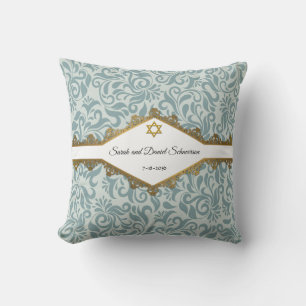 Serenity Blue Brocade Gold Lace Wedding Gift Cushion