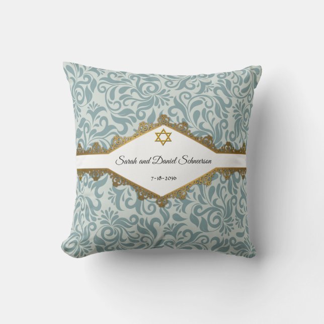 Serenity Blue Brocade Gold Lace Wedding Gift Cushion (Front)