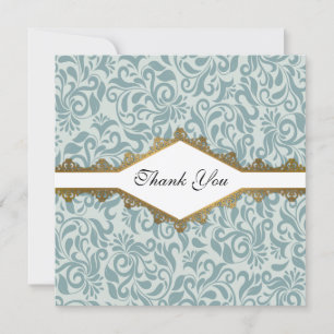 Serenity Blue Brocade Gold Lace Wedding Thank You Card