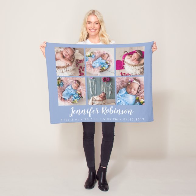 Serenity Blue Monogrammed Birth Stat Photo Collage Fleece Blanket (In Situ)