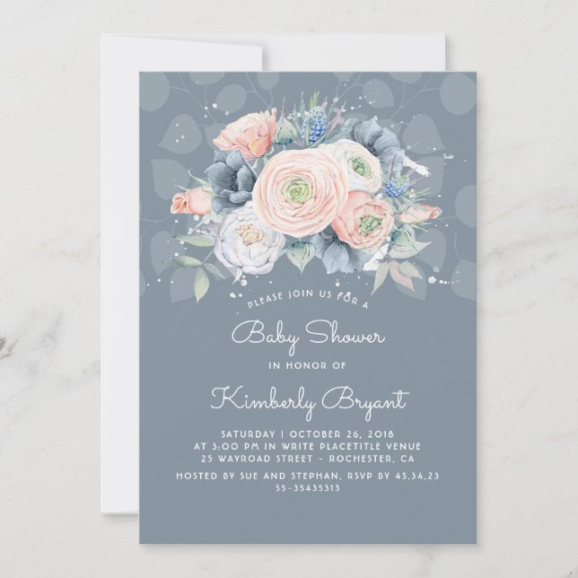 Serenity Blue Peach and Rose Floral Baby Shower Invitation (Front)