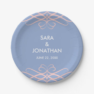 Serenity Blue, Rose Quartz Flourishes Wedding Paper Plate