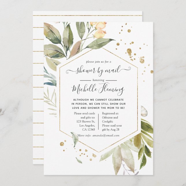 Serenity Greenery Geometric Baby Shower by Mail Invitation (Front/Back)