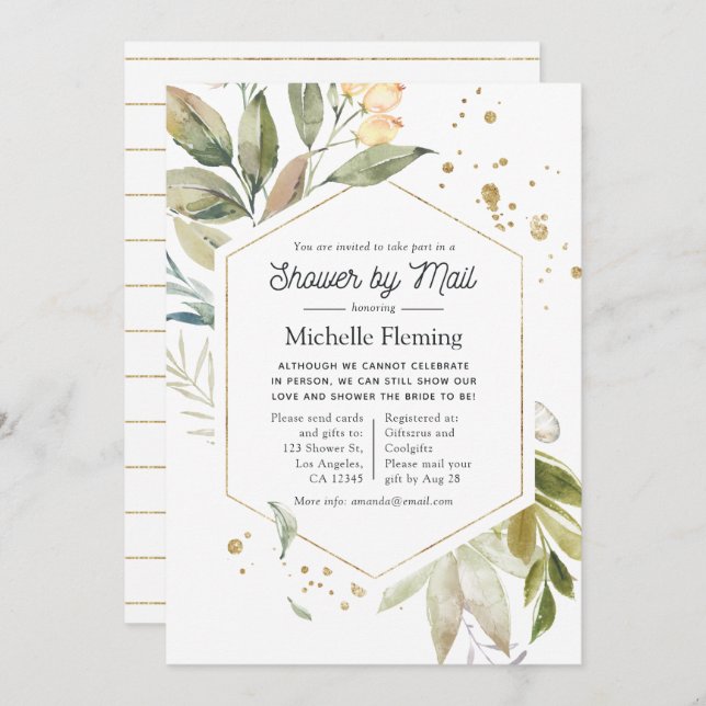 Serenity Greenery Geometric Bridal Shower by Mail Invitation (Front/Back)