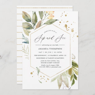 Serenity Greenery Geometric Sip and See Party Invitation