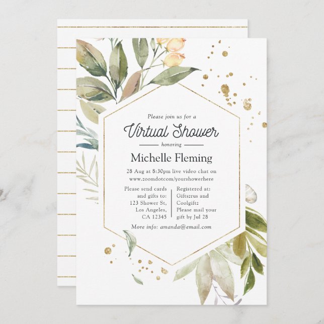 Serenity Greenery Geometric Virtual Baby Shower Invitation (Front/Back)