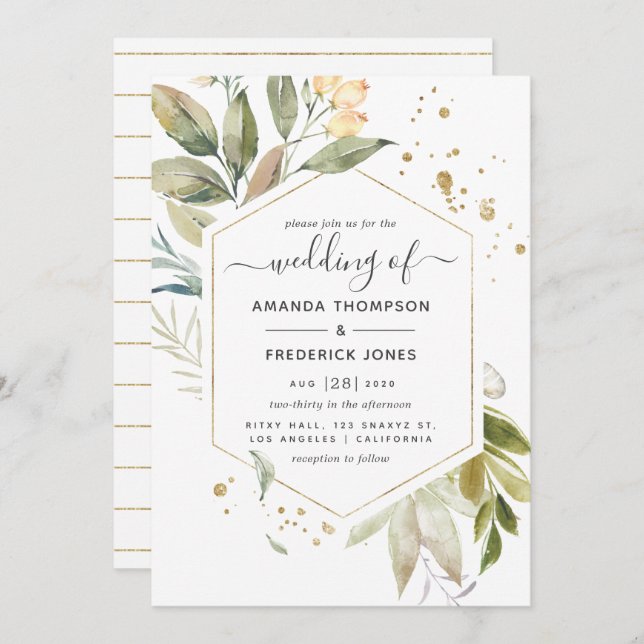 Serenity Greenery Geometric Wedding Invitation (Front/Back)