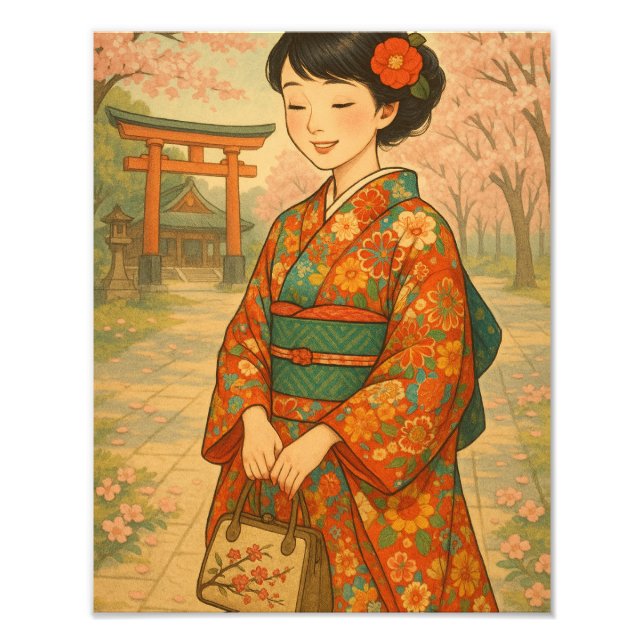 Serenity in Sakura: Japanese Kimono Beauty Photo Print (Front)