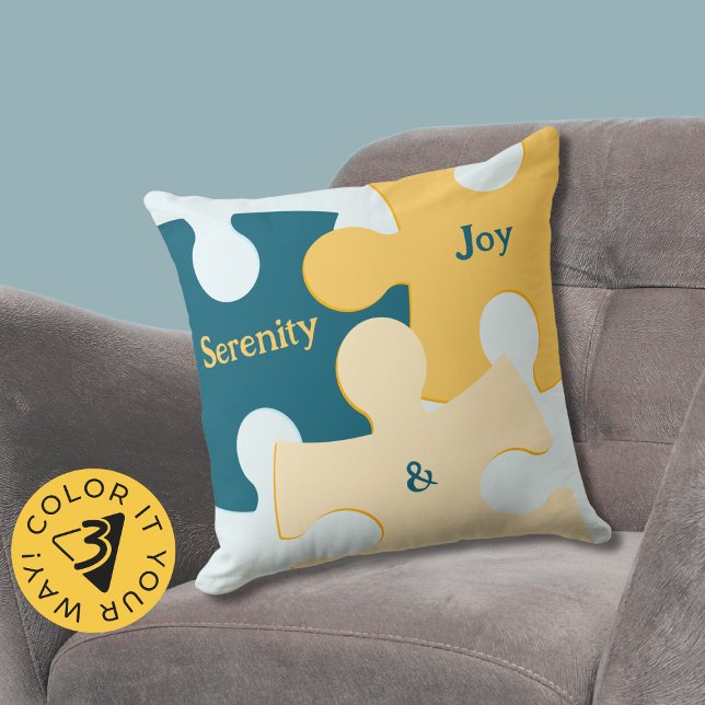 Serenity & Joy Blue & Yellow Puzzle Pieces Cushion (Serenity & Joy Blue & Yellow Puzzle Pieces Throw Pillow)