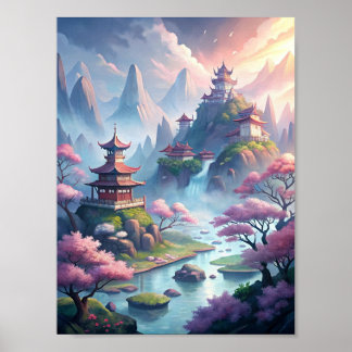 Serenity of Ancient China: Misty Mountains and Tim Poster