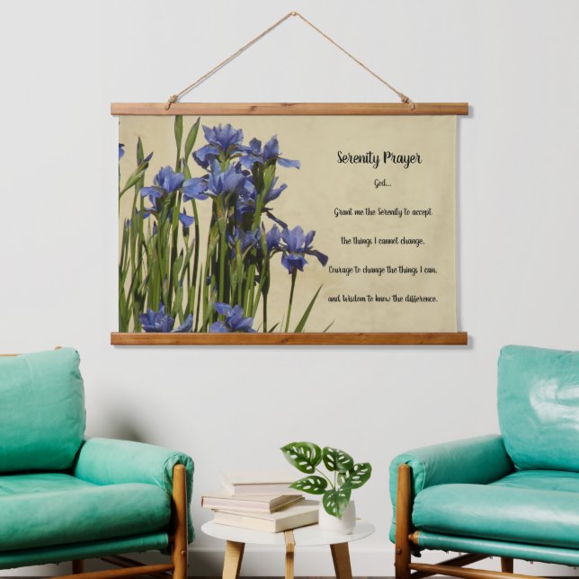 Serenity Prayer Blue Irises Floral Hanging Tapestry (Living Room)