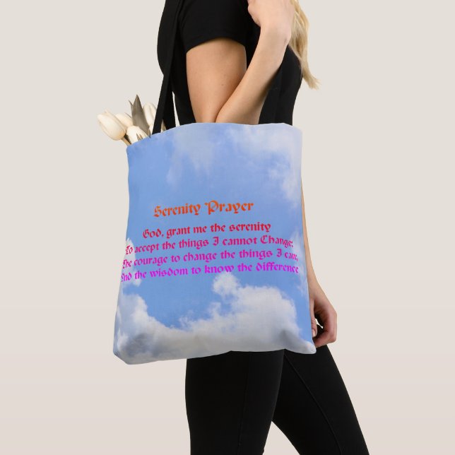 Serenity Prayer Blue Sky Inspirational Tote Bag (Close Up)
