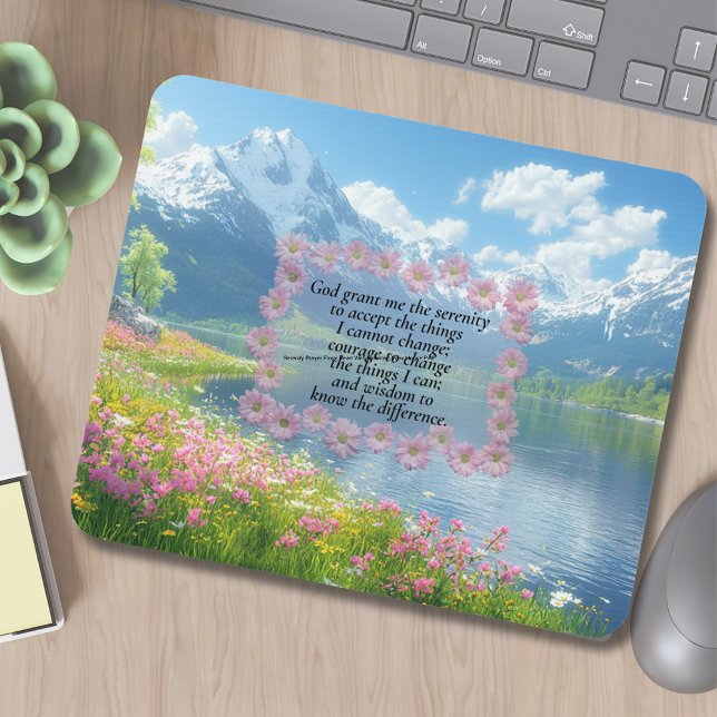 Serenity Prayer Floral Heart With Mountain View Mouse Pad (Mountain View With Wildflowers Serenity Prayer Mouse Pad.)
