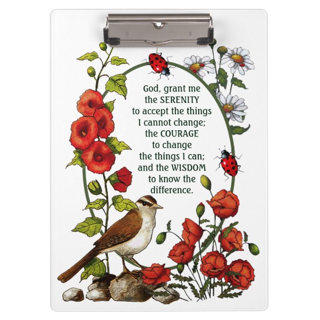 Serenity Prayer Flowers, Bird, Nature Art, Ladybug Clipboard (Front)
