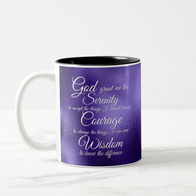 Serenity Prayer in white on purple Two-Tone Coffee Mug (Left)