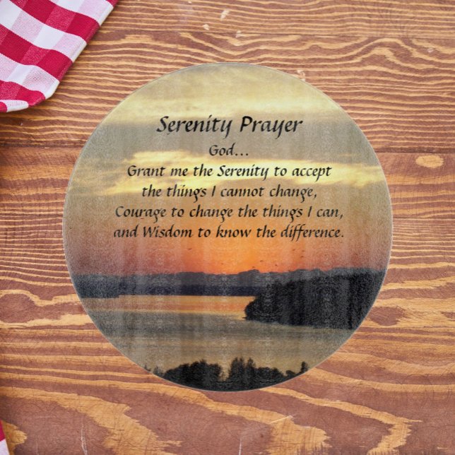 Serenity Prayer Orange Seascape Sunset Cutting Board (In Situ)