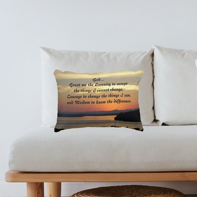 Serenity Prayer Orange Seascape Sunset Photo Decorative Cushion (In Situ)