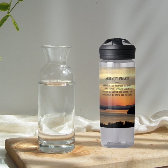 Serenity Prayer Orange Seascape Sunset Water Bottle (In Situ Table)