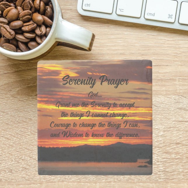 Serenity Prayer Orange Sunset Landscape Stone Coaster (In Situ)
