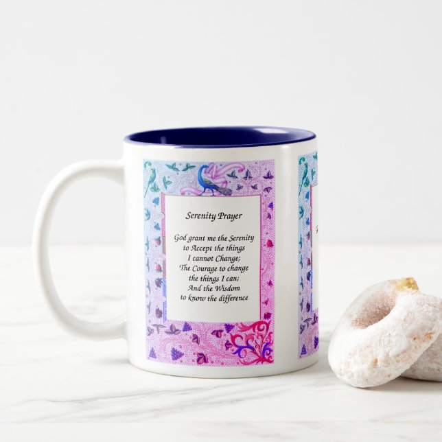 Serenity Prayer Peacock Colours Inspirational Two-Tone Coffee Mug (With Donut)