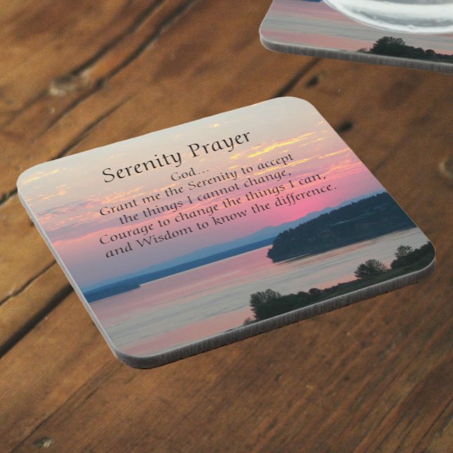 Serenity Prayer Pink Seascape Sunset Coaster (In Situ Angled)