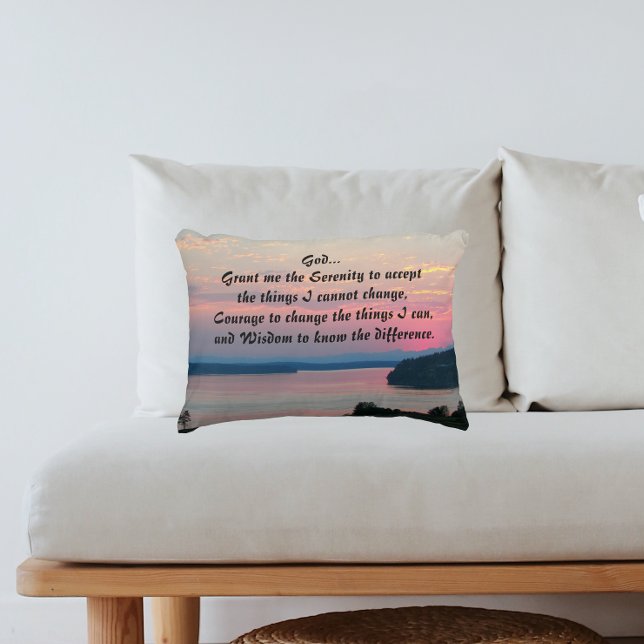 Serenity Prayer Pink Seascape Sunset Decorative Cushion (In Situ)