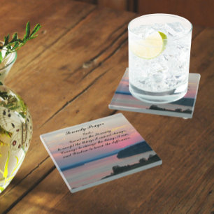 Serenity Prayer Pink Seascape Sunset Glass Coaster