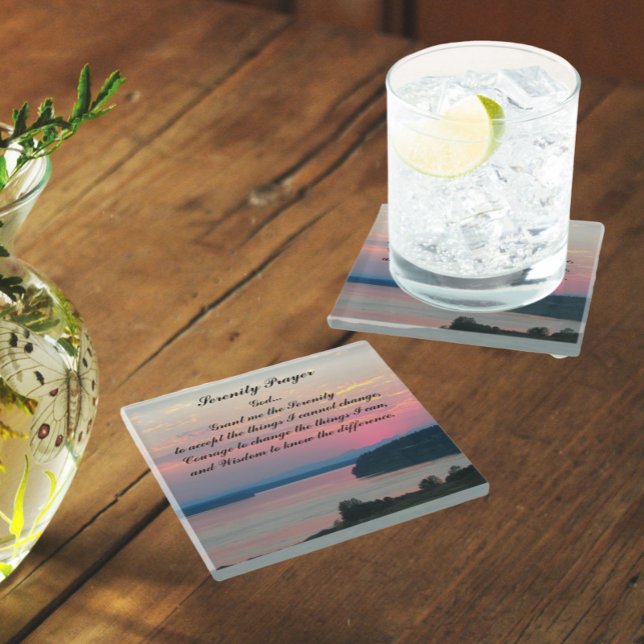 Serenity Prayer Pink Seascape Sunset Glass Coaster (In Situ)