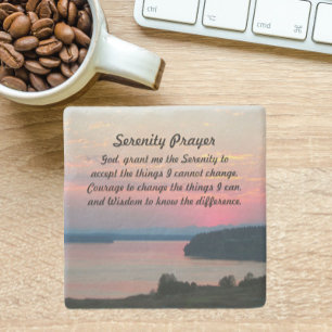 Serenity Prayer Pink Seascape Sunset Stone Coaster