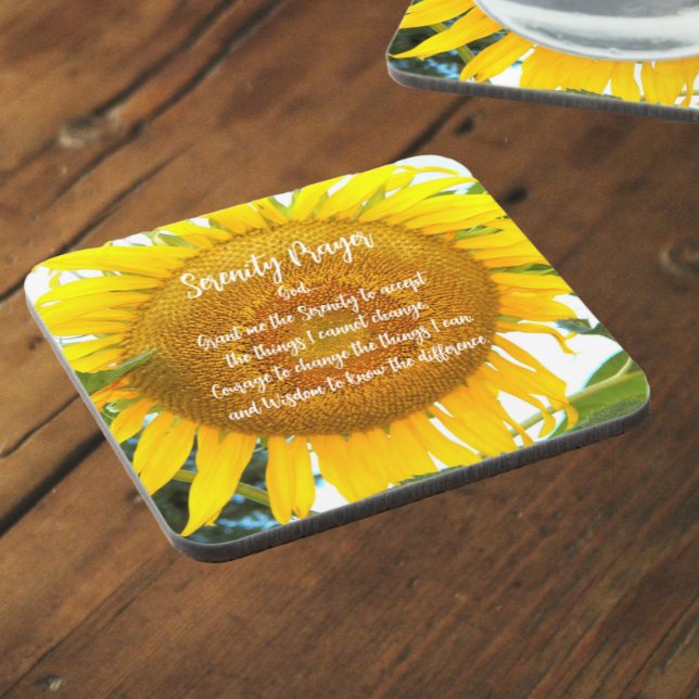 Serenity Prayer Yellow Sunflower Floral Coaster (In Situ Angled)