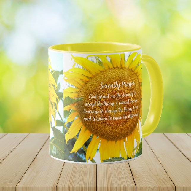Serenity Prayer Yellow Sunflower Floral Mug (In Situ Table)