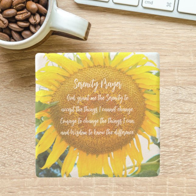 Serenity Prayer Yellow Sunflower Floral Stone Coaster (In Situ)