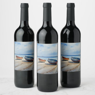 "Serenity Shores" A Restful Watercolour Seascape Wine Label