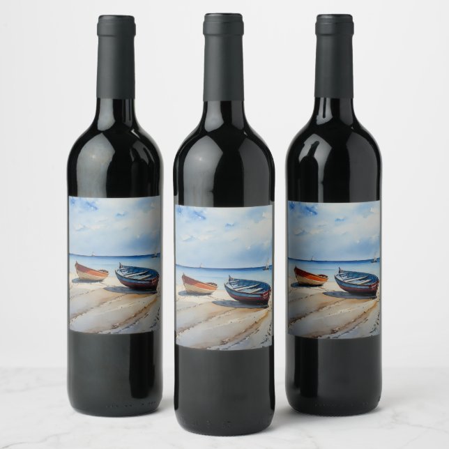 "Serenity Shores" A Restful Watercolour Seascape Wine Label (Bottles)