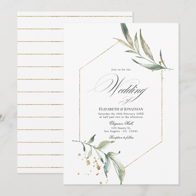 Serenity Simplistic Greenery Geometric Wedding Invitation (Front/Back)