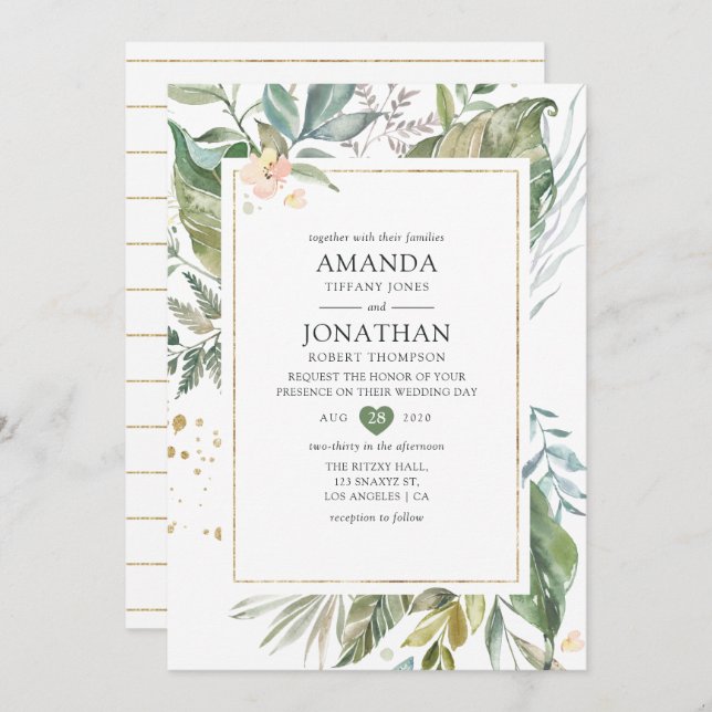 Serenity Watercolor Greenery Geometric Wedding Invitation (Front/Back)