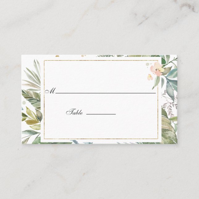 Serenity Watercolor Greenery Geometric Wedding Place Card (Front)