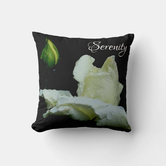 Serenity White Rosebud Inspirational Words  Cushion (Front)